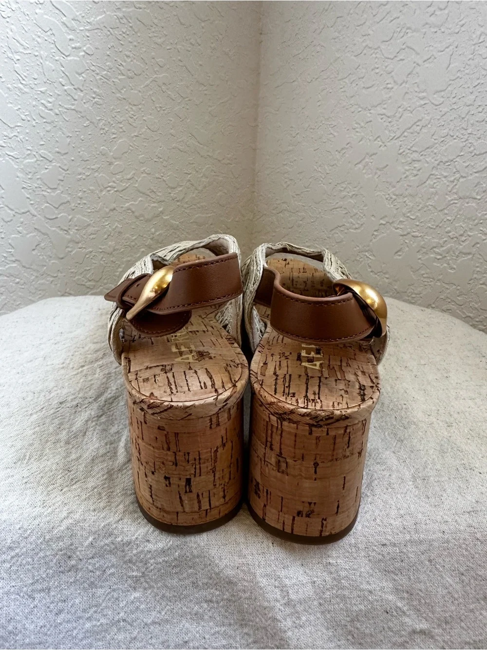 AEROSOLES Cream Woven Espadrille Wedges with Brown Ankle Strap